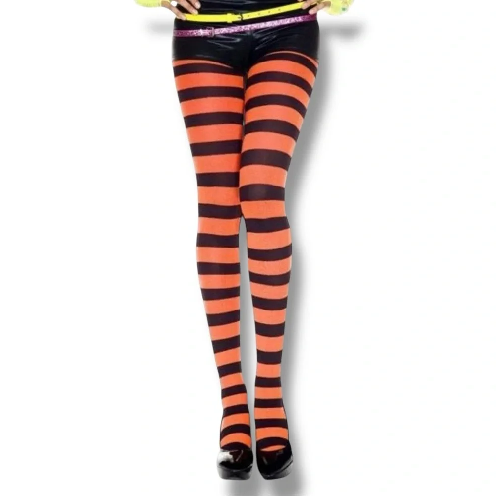 Music Legs 7419 Black & Orange Wide Striped Tights One Size Fits Most